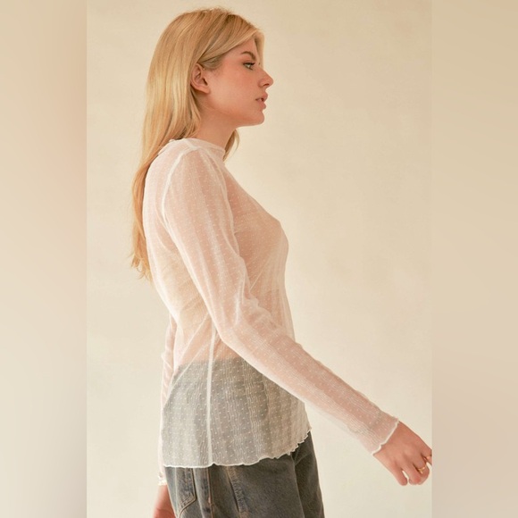🟠 178B. Mesh Dotted Lace Stretch Sheer Top - White - Picture 5 of 9